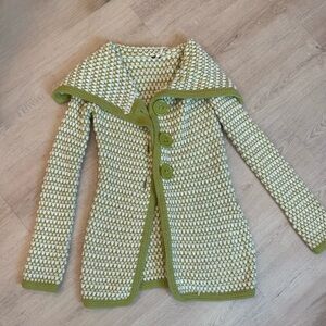 Free People Green Knit Crochet Vintage Style Jacket Sweater